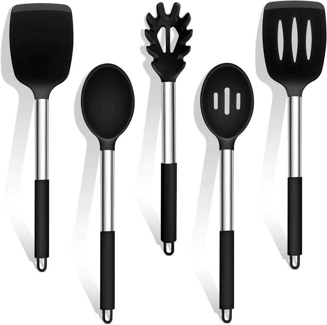 TeamFar Cooking Utensils Set, 5 PCS Silicone Kitchen Utensils with Stainless Steel Handle, for Nonstick Cookware Flipping Frying Turning Draining, Heatproof & Healthy, Nonstick & Easy Clean, Black TeamFar Cooking Utensils Set, 5 PCS Silicone Kitchen Utensils with Stainless Steel Handle, for Nonstick Cookware Flipping Frying Turning Draining, Heatproof & Healthy, Nonstick & Easy Clean, Black