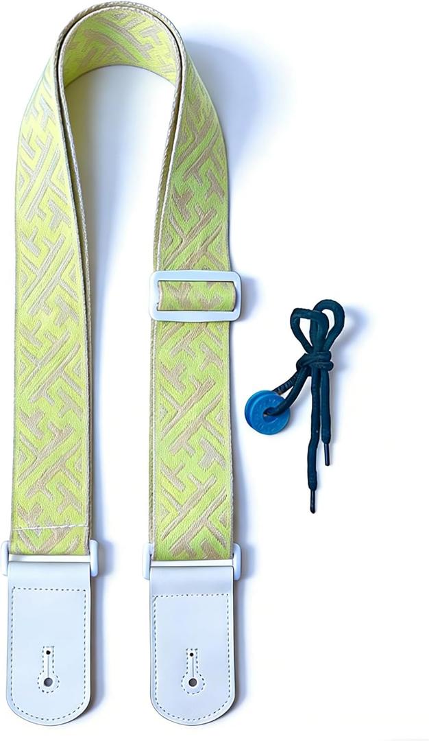 Guitar Strap, dopamine yellow youth modern fashion Cotton Guitar Strap with leather at both ends for bass, electric and acoustic guitars, comes with two strap anti-slip pads