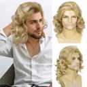 DDHAIR Long Blonden Wig for Men Natural Curly Wavy Hair Halloween Accessory 70s 80s Rocker Cosplay Synthetic Wigs(Dirty Blonde)