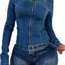 Molilove Women's Two Piece Set Denim Outfits Long Sleeve Zip Up Cropped Jean Jacket Bodycon Shorts Sets with Belt Y2K Outfits, Large