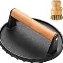 Smash Burger Press 7", Round Meat Press with Wood Handle  2.2 lb Heavy-Duty Cast Iron Grill Bacon Press, BBQs & Cooking Must-Have, with Palm Brush