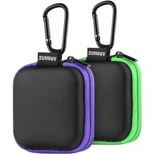 Sunguy 2-Pack Earbuds Case, Portable Small Earbud Carrying Case Storage Bag with Carabiner Clip for Earphones, Earpieces, SD Memory Card, Camera Chips - Green+Purple