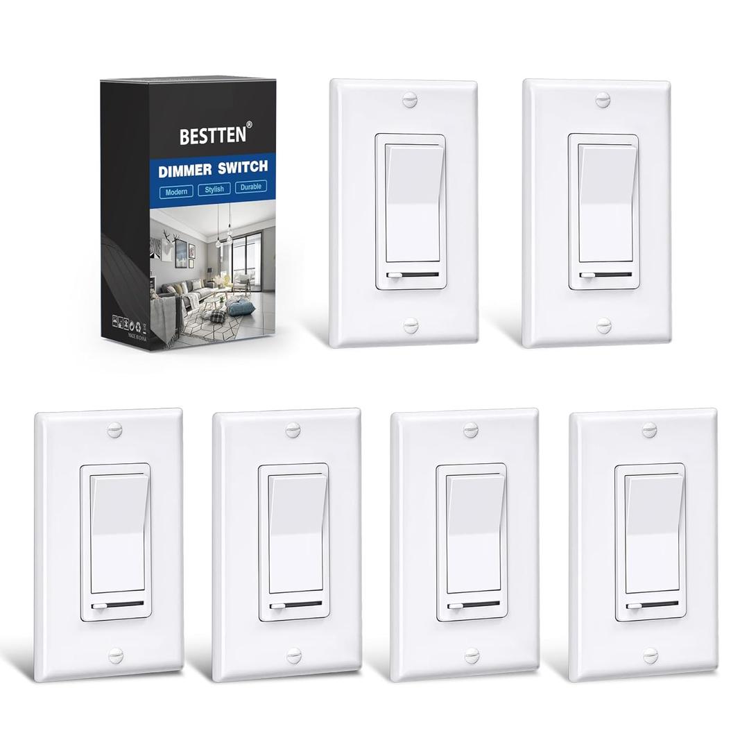 BESTTEN 6 Pack Dimmer Light Switch, LED Dimmer Switch, Single-Pole or 3-Way, for Dimmable LED, Halogen and Incandescent Bulbs, 120V, Wall Plate Included, UL Listed, White BESTTEN 6 Pack Dimmer Light Switch, LED Dimmer Switch, Single-Pole or 3-Way, for Dimmable LED, Halogen and Incandescent Bulbs, 120V, Wall Plate Included, UL Listed, White