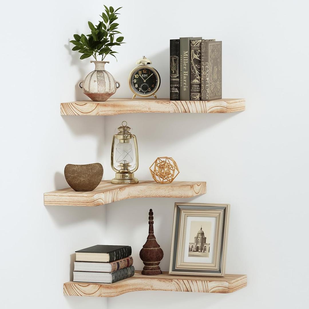 SAUMONIERES Corner Floating Shelves Wall Mount Shelf Solid Wood for Bedroom Bathroom Room Kitchen Storage Set of 3, Rustic Torched, Invisible Brackets