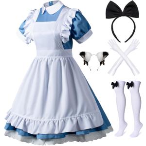 Wannsee Japanese Anime 6Pcs Lolita French Maid Apron Fancy Dress Cosplay Costume Gloves Headwear Socks set(Blue 2XL) (XX-Large, 6pcs-Blue)