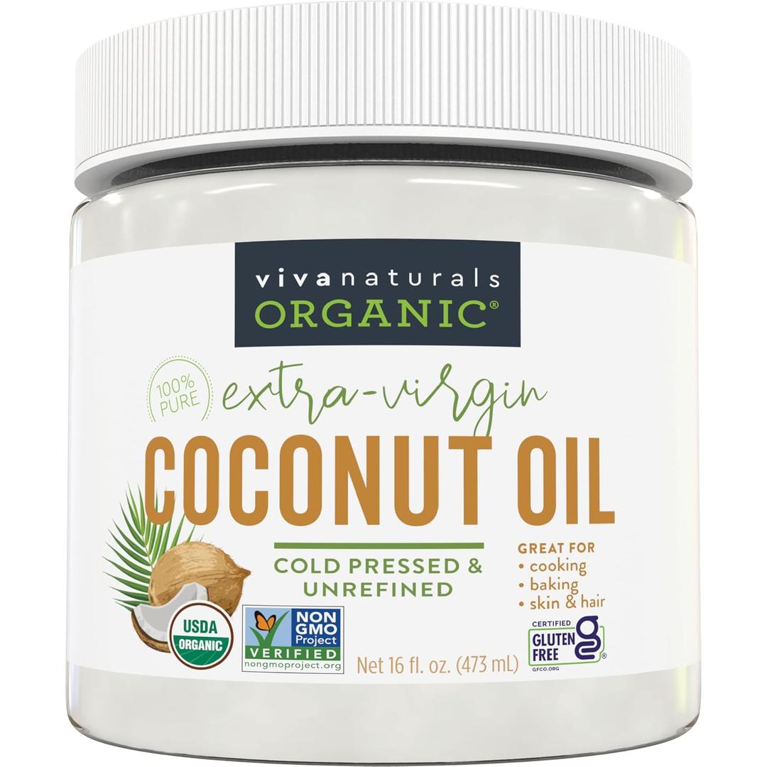 Viva Naturals Organic Coconut Oil, 16 fl oz  Unrefined, Cold-Pressed Extra Virgin Coconut Oil, USDA Organic & Non-GMO, Natural Cooking Oil, Hair Oil & Skin Oil