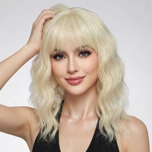 Pastel 613 Blonde Wavy Bob Wig for Women, Short Shoulder Length Synthetic Wig with Bangs, Matte Natural Realistic Look Lightweight Hairpiece, Blonde Color for Daily Wear & Cosplay Costume