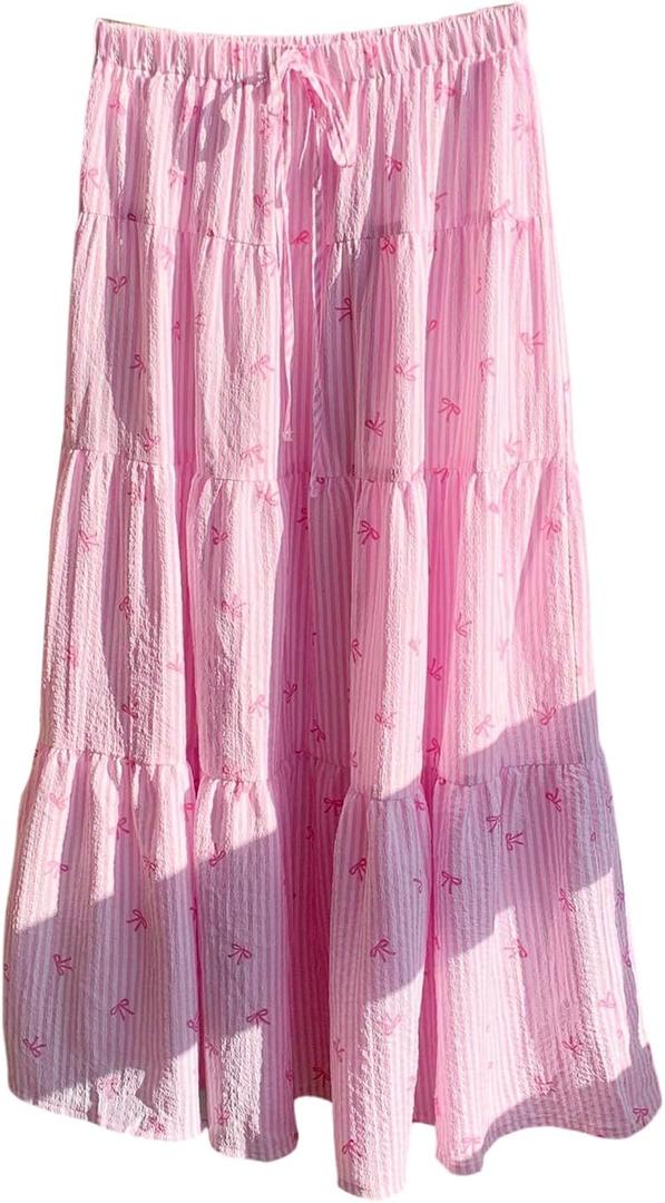 Milumia Women's Striped Bow Print Tiered Layered Long Skirt Summer Vacation Flowy Maxi Skirts (Pink, S)