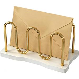 Mail Holder Organizer Countertop, Metal Mail Sorter for Desk, Cutout Mail Storage Bills Organizer Letter Tray Design with Bamboo Base for Home Office (White)