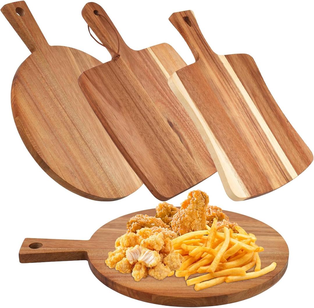 3 PCS Acacia Wood Cutting Board with Handle Wooden Large Paddle Carving Chopping Charcuterie Board Set Butter Serving Tray for Cheese Meat Fruit Pizza Bread Baking