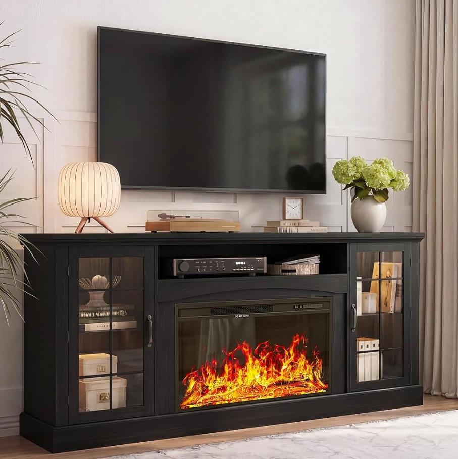 MXV 70" Farmhouse Fireplace TV Stand with 30" Electric Fireplace, Entertainment Center, Media Console Table with Large Storage Cabinets, for Living Room, White