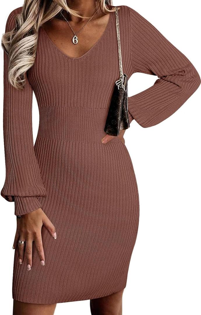 Sidefeel Womens 2025 Fall Winter Ribbed Knit Sweater Dress Casual Long Sleeve Sexy V Neck Bodycon Mini Dress (Medium, Brown)