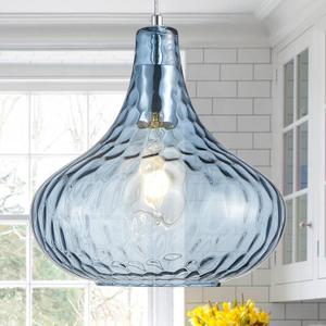 11" Blue Hammered Glass Pendant Light - Brushed Nickel Finish Industrial Ceiling Fixture with Blown Glass for Kitchen Island Dining Room Hallway Living Room