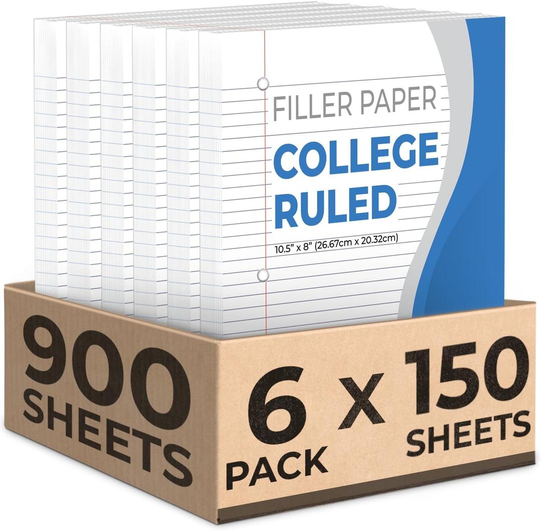 Rosmonde Loose Leaf Paper, 900 Sheets, 6 Pack, College Ruled, 8" x 10.5", Bulk Office Filler Paper, 3 Hole Punched, 150 Sheets/Pack, College Ruled Paper for 3 Ring Binder, Notebook Paper, White