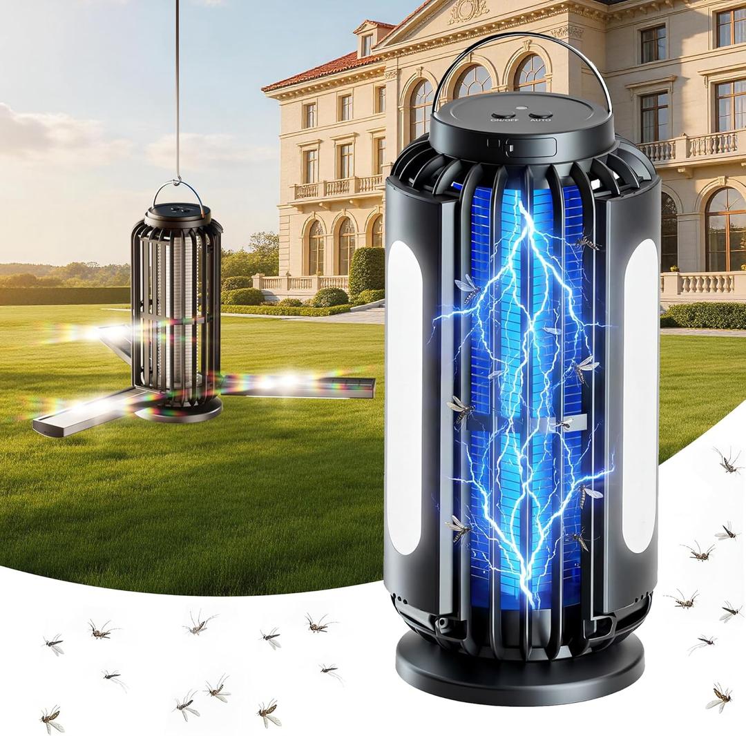 TYPEC Solar Bug Zapper, 3 Solar Charging Panels, 4200V Mosquito Zapper, Auto On/Off LED Light, IP67 Waterproof, USB-C & Solar Powered, Indoor Outdoor Insect Killer for Yard Patio Garden-Dark Gray