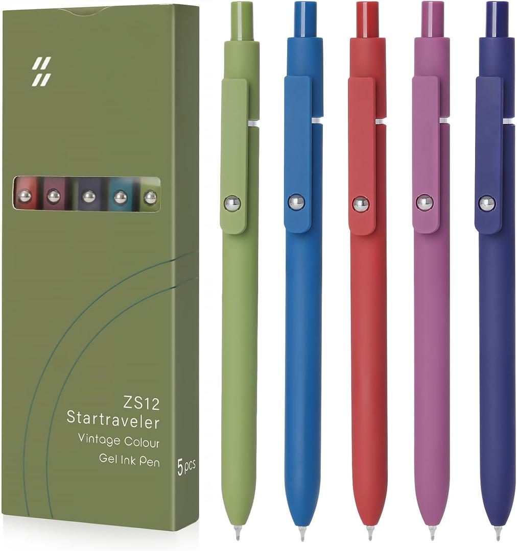FIOVER High-End Vintage Gel Pens, 5-Pack 0.5mm Fine Point Black Ink Pens with Soft Grip & Metal Clip, Smooth Writing Retractable Pens for Journaling, Office, Note Taking(Retro color)