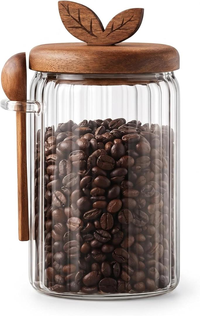 Glass Coffee Canister with Wooden Lid & Spoon, Airtight Food Storage Jar for Coffee, Sugar, Salt, Tea & Snacks (27floz)