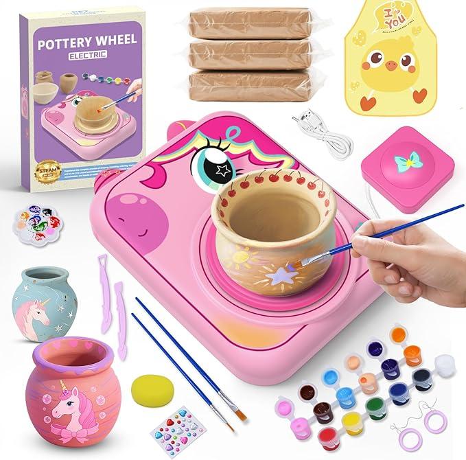Pottery Wheel for Kids, Girls Arts and Crafts Toys for Kids Ages 812,Pottery Craft Kit with 3 Pack AirDry Clay, Art Supplies for Kids Toys Girls Birthday Gift for 6 7 8 9 10 11 12+ (Pink)