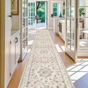 3x20 Long Hallway Runner Rug: Washable Stain Resistant Living Room Carpet Medallion Non-Slip Thin Rugs for Kinchen Dining Room Vintage Soft Low Pile Floor Mat for Bedroom Entryway (3x20,Cream/Beige)