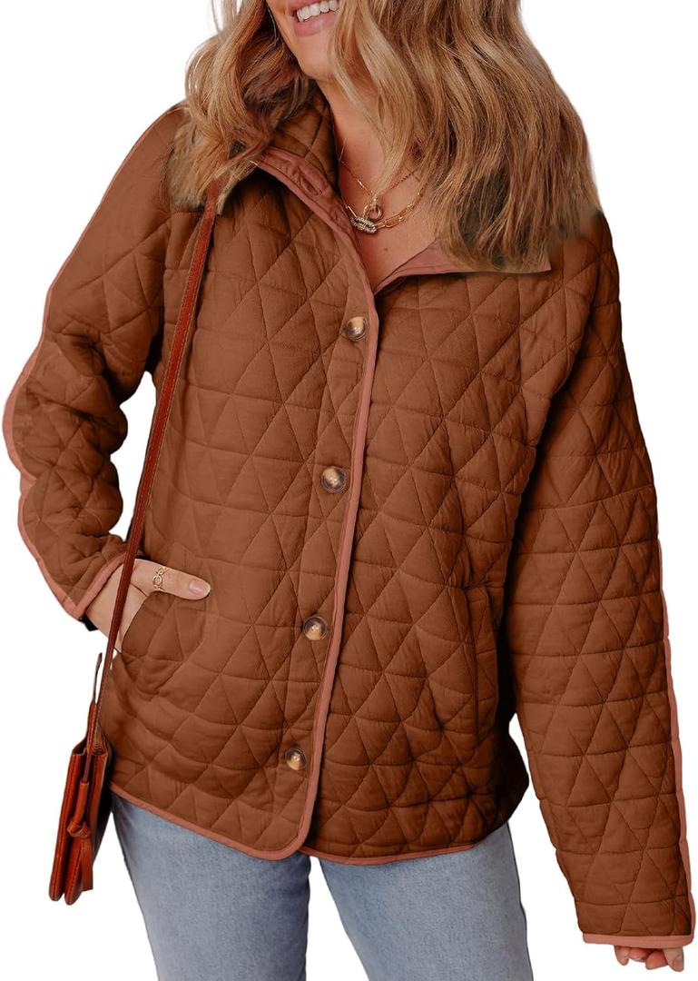 EVALESS Women's Lightweight Diamond Quilted Jacket Casual Winter Open Front Button Down Puffer Coat Outwear Cardigan (Coffee) 
Small