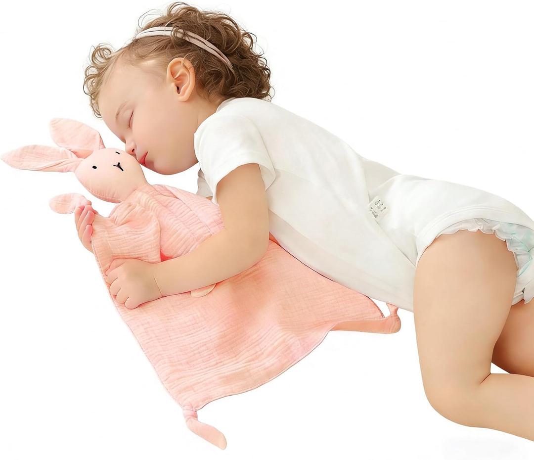 ZIGJOY Bunny Lovey Muslin Cotton Baby Security Blanket Soft Breathable Lovies for Babies Gifts for Newborn Infant Toddler Boys and Girls, Pink