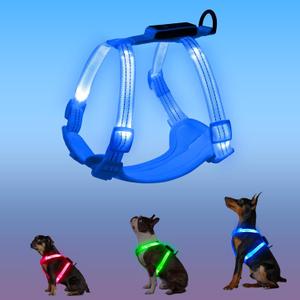 Rechargeable Light Up Dog Harness for Small Dogs  Adjustable LED Dog Vest with Reflective Strips, No Pull Glow in The Dark Puppy Harness for Night Walking Safety-Blue
