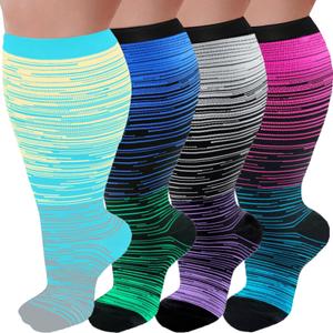 4 Pairs Plus Size Compression Socks for Women and Men 20-30 mmHg, Wide Calf Stockings Best Support for Circulation, Running 4XL