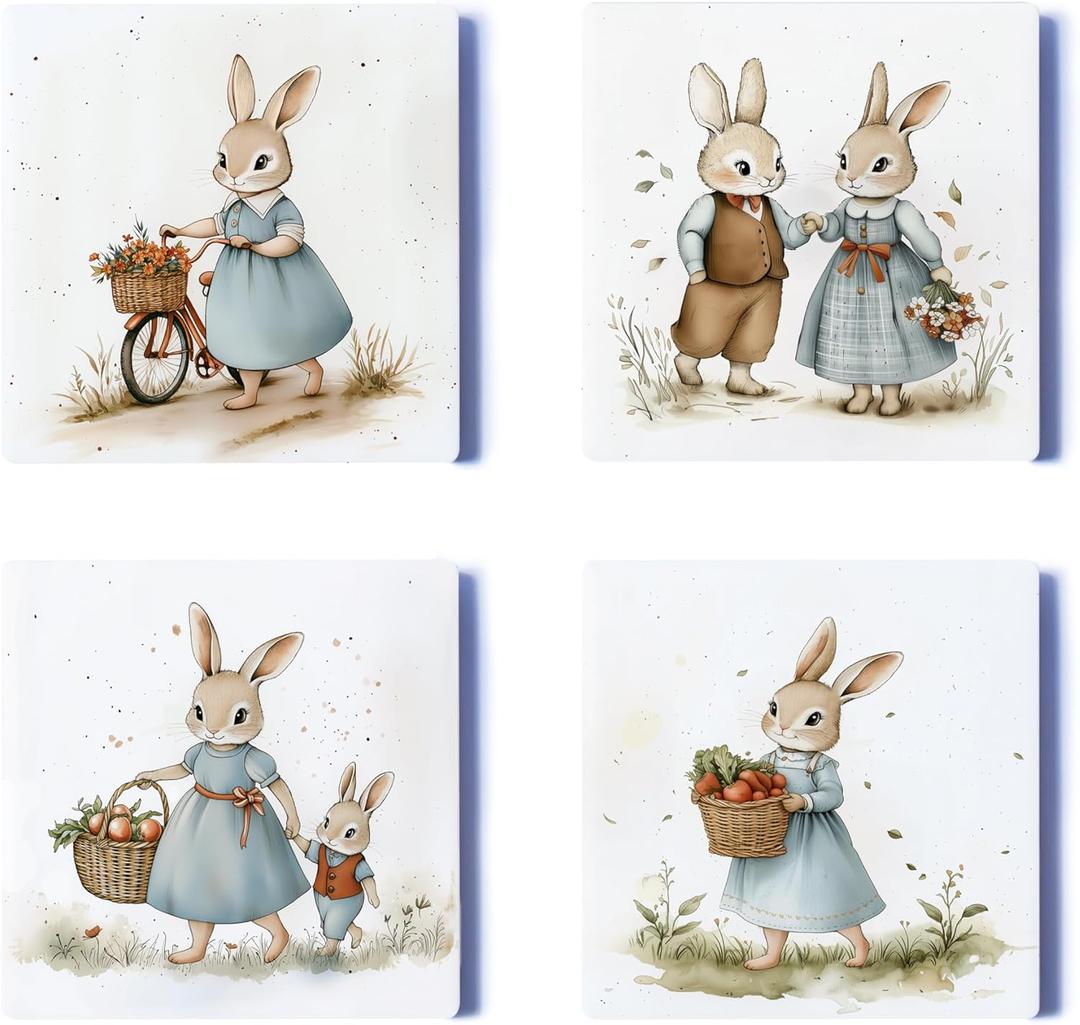 Ceramic Coasters Set of 4  Square Drink Coasters with Cork Backing, 3.9x3.9 Inches  Decorative Printed Designs for Home, Office, or Gift Use (Mama Rabbit)