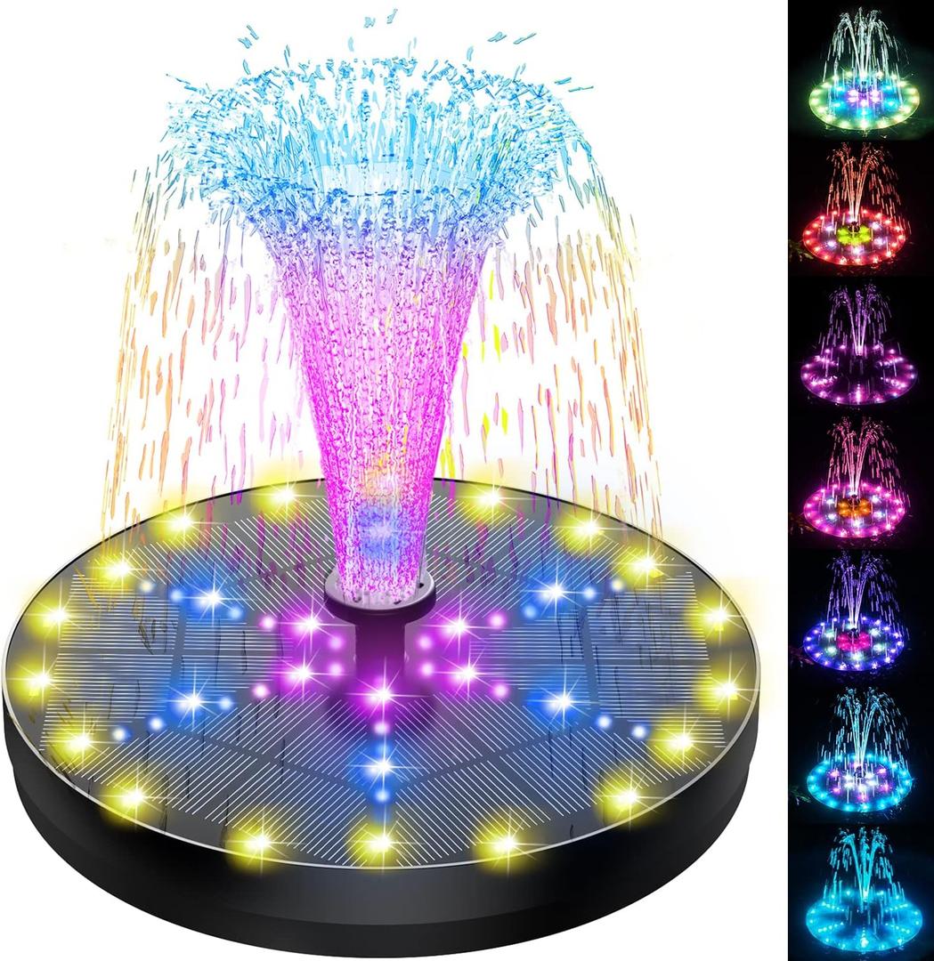 SZMP Solar Fountain 4W Bird Bath Fountains Upgraded 60 LED Lights, Built-in 4000 mAh Battery with 7 Nozzles & 4 Fixers, Solar Water Fountain for Garden, Bird Bath, Pool, Pond, Outdoor