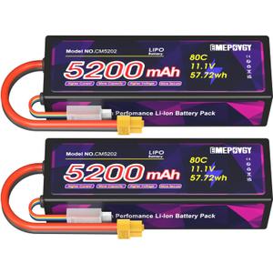 11.1V Lipo Battery 3S 5200mAh 80C Lipos Hard Case with XT60 Connector for RC Car Trucks 1/8 1/10 RC Vehicles(2 Packs)