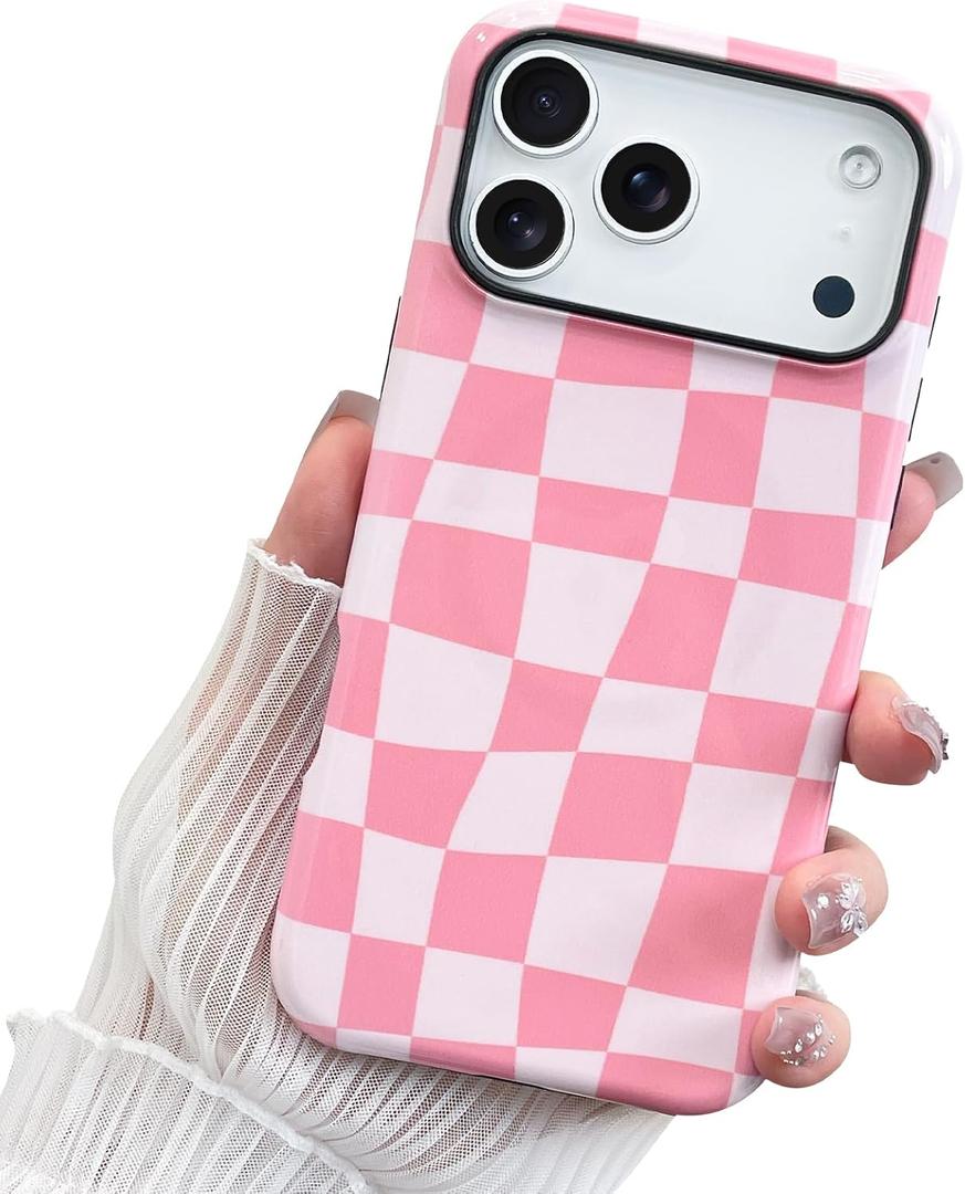 for iPhone 17 Pro Case Pink White Checkered Plaid Pattern | Cute Shockproof Soft TPU and Hard PC Protective Phone Case [Compatible with Magsafe] for Girls Women