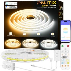 PAUTIX CCT COB LED Strip Light White Tunable 6400LEDs, CRI90+ 32.8ft/ 10m Dimmable 2700K-6500K 24V LED Tape Lights Kit, Work with Alexa/ Google Assistant, for Under Cabinet Bedroom Kitchen DIY Lighting