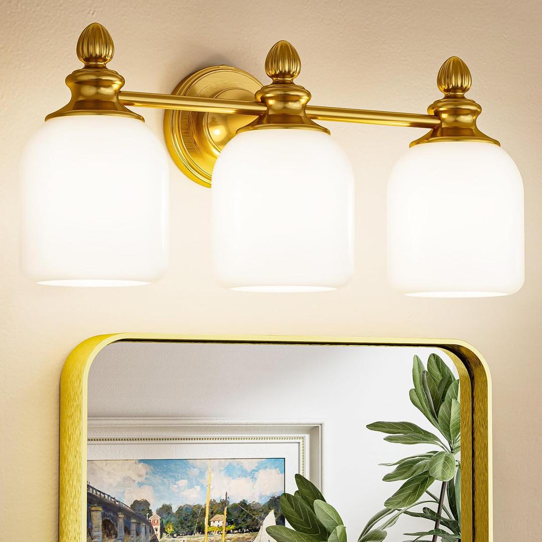 Keonjinn Gold Bathroom Light Fixtures, 3-Light Vintage Vanity Lights for Mirror with Frosted Glass Shades, UL Listed E26 Base(Bulbs Not Included), Reversible Vanity Lighting Fixtures for Bathroom