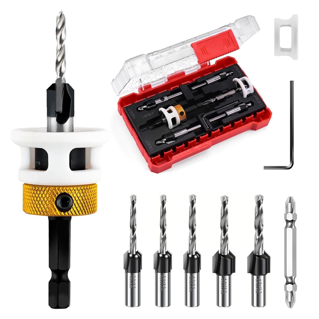 6Pcs Countersink Drill Bit Set with Low Friction Depth Stop,HSS M2 Bits Tapered Head 1/8" 9/64" 5/32" Drill+3/8 82 Counter Bore,11/64" 3/16" Drill+1/2" 82 Counter Bore,1 Screwdriver,1/4Hex Shank