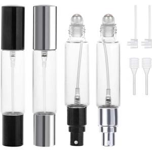 YOCASII 4PCS Dual-Head Travel Perfume Bottle with Spray & Roller Balls for Essential Oils, 10ml Glass Perfume Travel Refillable Bottles and Roll on Bottles for Facial Care with Funnel Tool (Black + Silver(B))