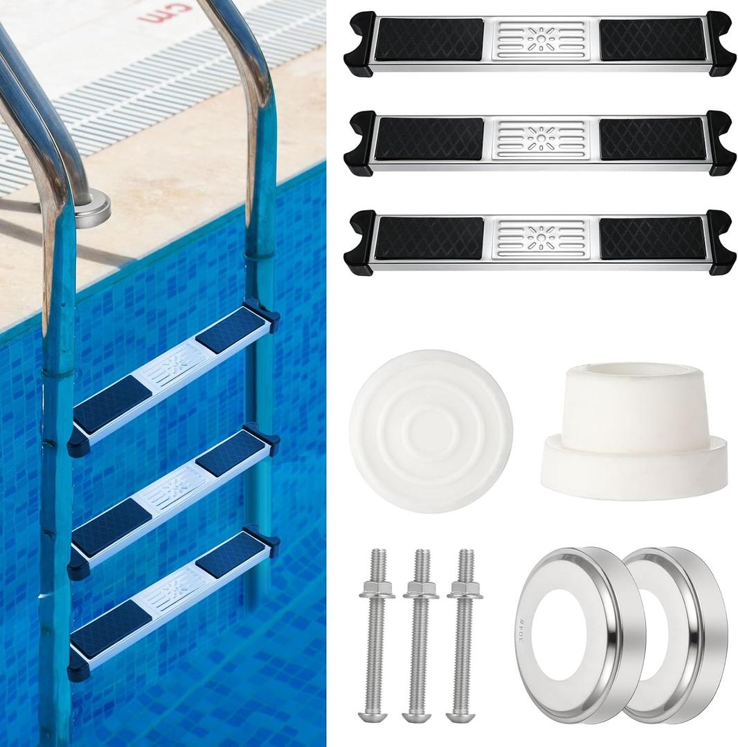 3 Pack Stainless Steel Swimming Pool Ladder Steps with Pool Ladder Bumpers & Pool Ladder Escutcheon Plates, 18'' Heavy Duty Replacement Pool Ladders for Inground Swimming Pools