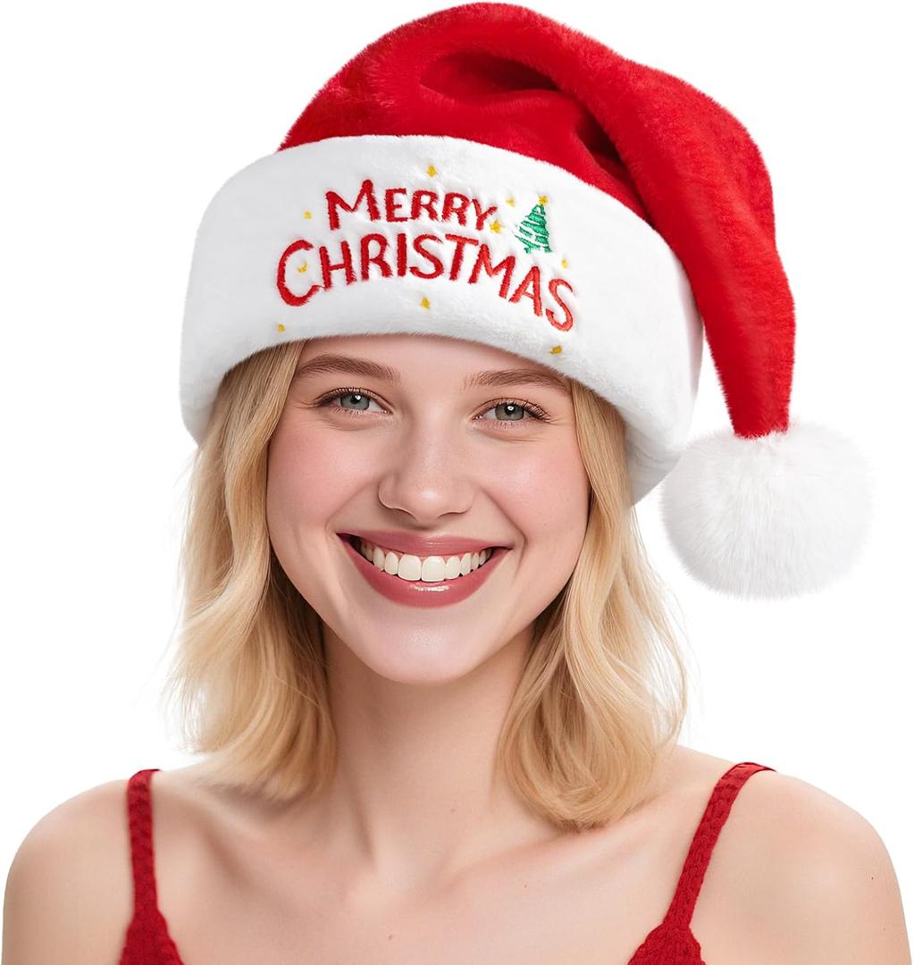 RJVW Christmas Santa Hat for Adults, Thicken Soft Velvet Comfort Classic Santa Claus Hat for New Year Party Headwear Holiday (Merry Christmas-1 Pcs)