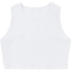 EXARUS Girl's Crop Tank Tops Dance Ribbed Knit Sleeveless Round Neck Racerback Casual Cute Cropped Top 6-12Y (White)