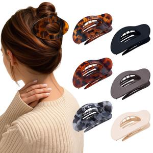 AWAYTR Flat Hair Clips For Women 4.33" Lay Flat Claw Clip for Hair 6Pcs Round Large Hair Claw Clips (Leopard Series + Brown Series)