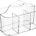 mDesign Plastic Makeup Storage Organizer Caddy Tote, Divided Basket Bin, Handle for Bathroom, Holds Eyeshadow Palettes, Nail Polish, Brushes, Shower Essentials, Small, Lumiere Collection - Clear