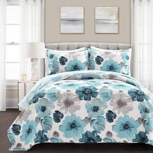 Lush Decor Leah Reversible Floral Quilt Set, 3 Piece Set, King, Blue - Watercolor Botanical - Cottage Core - French Country Decor- Bedding Queen Size