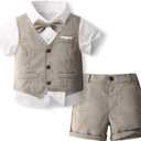 Volunboy Baby Boys Summer Suits Short Sleeve Wedding Ring Bearer Outfits 4Pcs Graduation Dress Vest Shirt Bowtie Shorts Set (3-4T, Khaki)