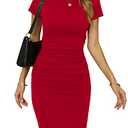 Missufe Bodycon Ruched Fitted Sheath Sundress Women's Short Sleeve Casual T Shirt Knee Legnth Dress (Red, Medium)