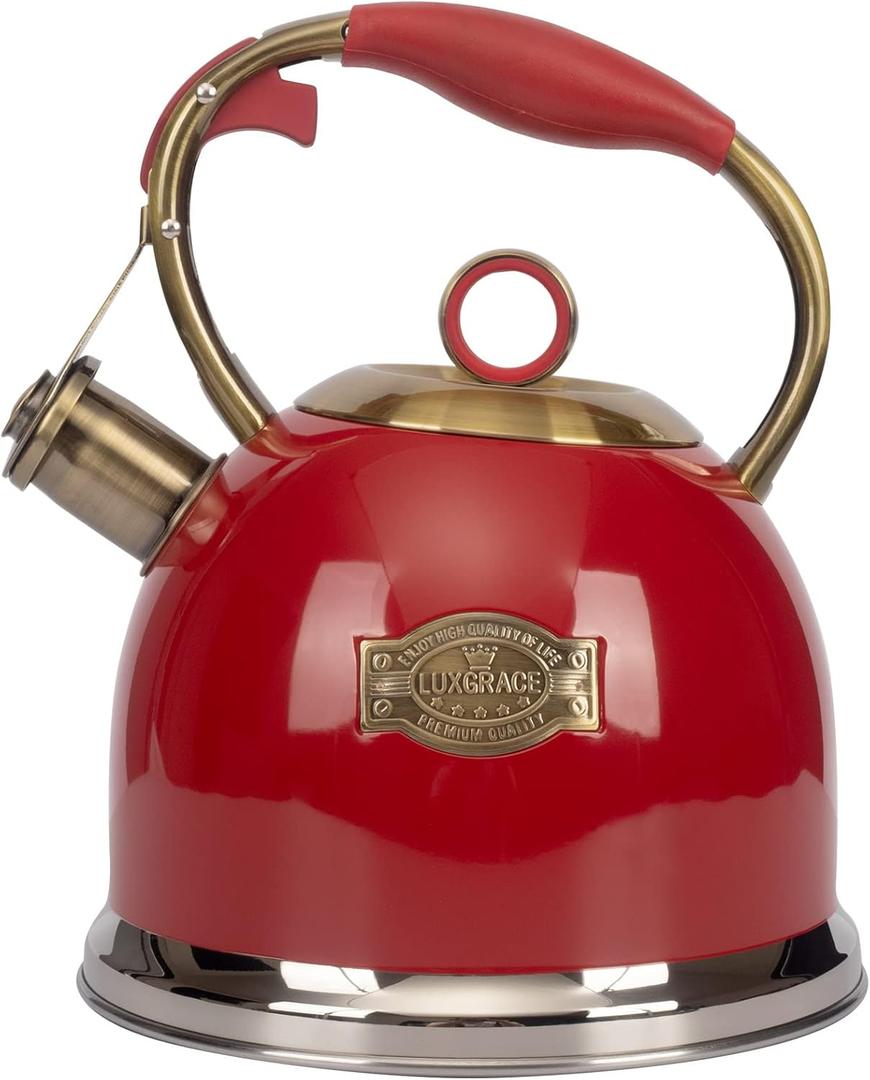 Tea Kettle, Stovetop Whistling Teapot, Stainless Steel, Black, 3.0-Quart (Red)