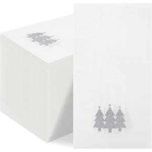100 Pack Christmas Napkins Disposable Paper Napkins Christmas Cocktail Napkins Silver Xmas Trees Dinner Napkins Holiday Hand Towels for Kitchen Bathroom Table Decorations Xmas Party Supplies