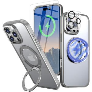 Bonkier for iPhone 16 Pro Max Case with Screen Protector & Lens Protector [15 FT Military Drop Protection] Magnetic Kickstand Compatible with MagSafe Slim Translucent Case (Titanium Grey)