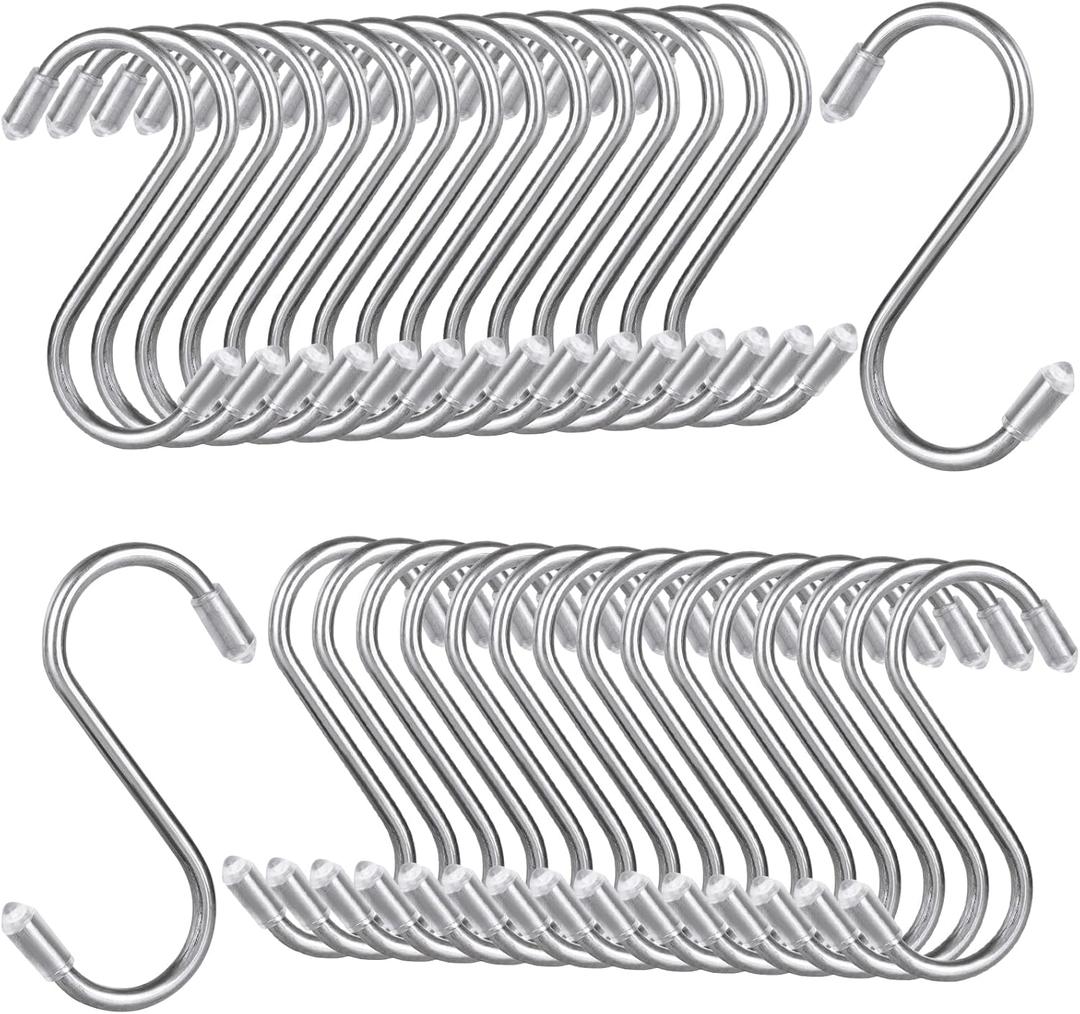 DAJAVE 100 Pack S Hooks for Hanging, 2.5 Inch Heavy Duty S Hook with Plastic Caps, Stainless Steel Small S Hanging Hangers Hooks for Kitchen Pans, Pots, Cups, Clothes, Bags