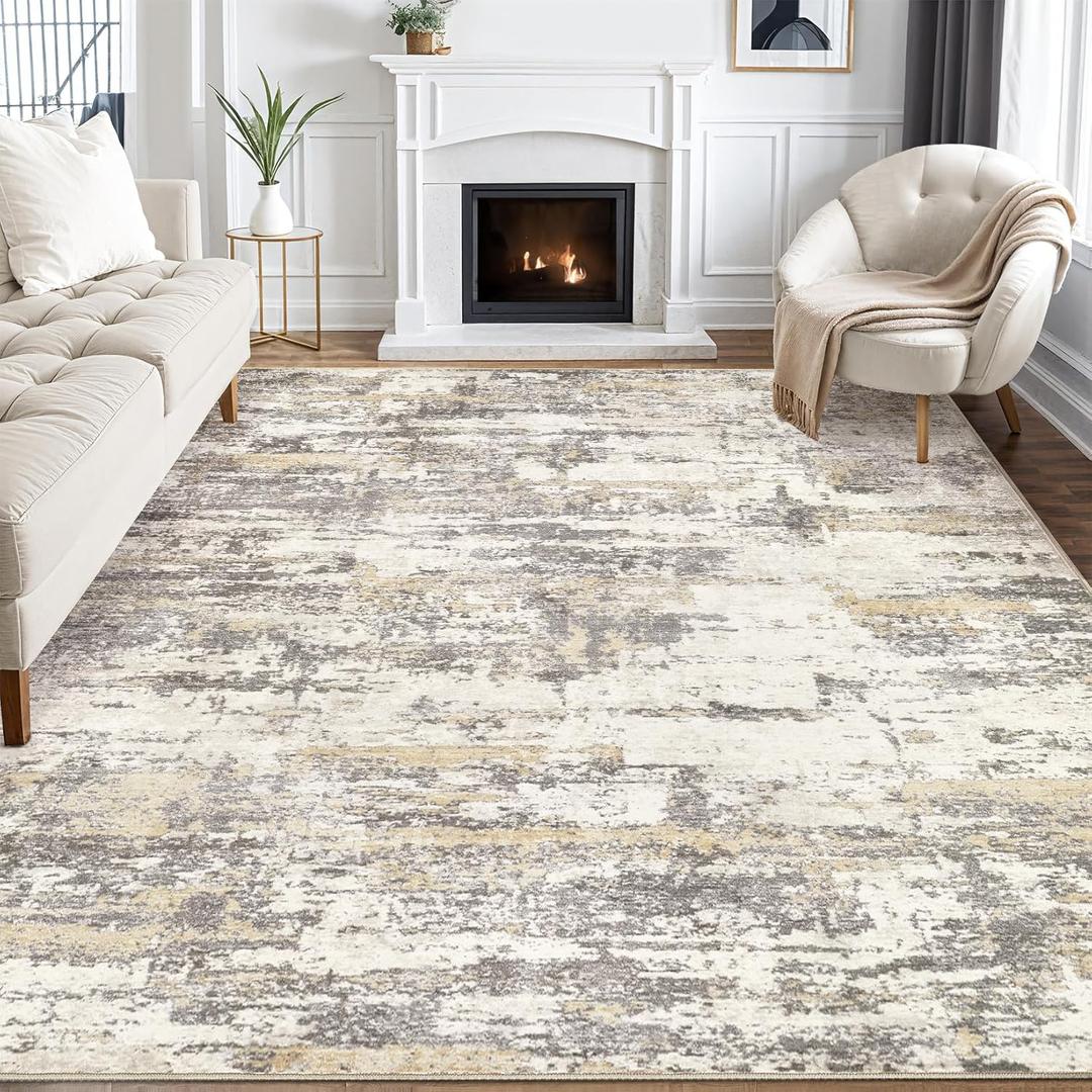 Area Rugs for Living Room: 10x12 Abstract Washable Rug Modern Neutral Large Soft Stain Resistant Non-Slip Backing Machine Table for Bedroom Dining Room Indoor Home Office Carpet - Gold Brown