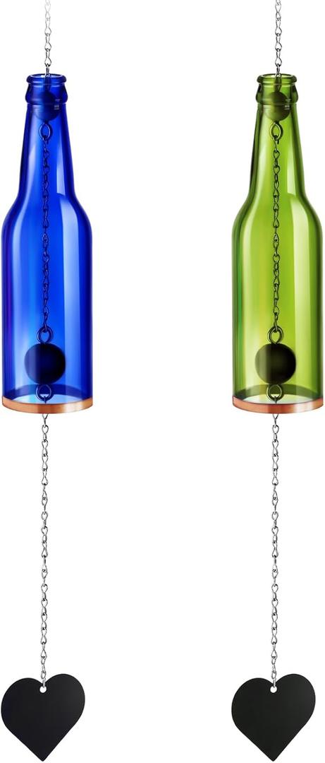 Weysat 2 Pcs Wine Bottle Wind Chime Wine Glass Bottle Wind Chimes for Outside Inside Decor Handcrafted Suncatcher for Garden Porch Home Christmas Wedding Housewarming Whimsical Gifts(Blue, Green)
