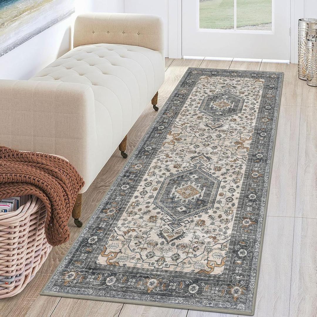 KUTA Runners for Hallways 2x6 Taupe, Vintage Floral Kitchen Rugs Non-Slip Washable Runner Ultra Soft Printed Retro Flower Carpet Entryway Rug for Bedroom Laundry Nursery Entryways